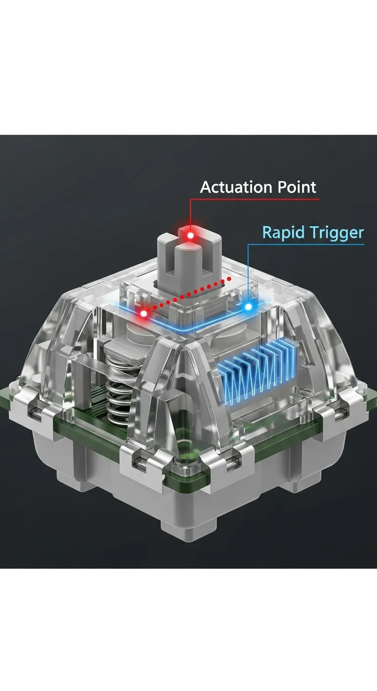 Close-up of a keyboard switch demonstrating the actuation point versus rapid trigger functionality of the switch