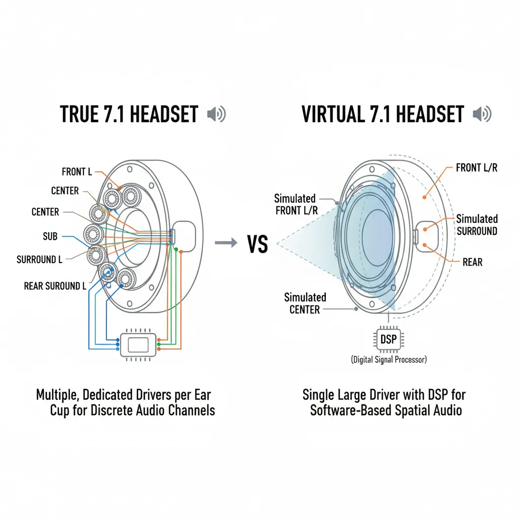 Diagram comparing a true 7.1 headset with multiple drivers vs a virtual 7.1 headset with one large driver. Basic Info