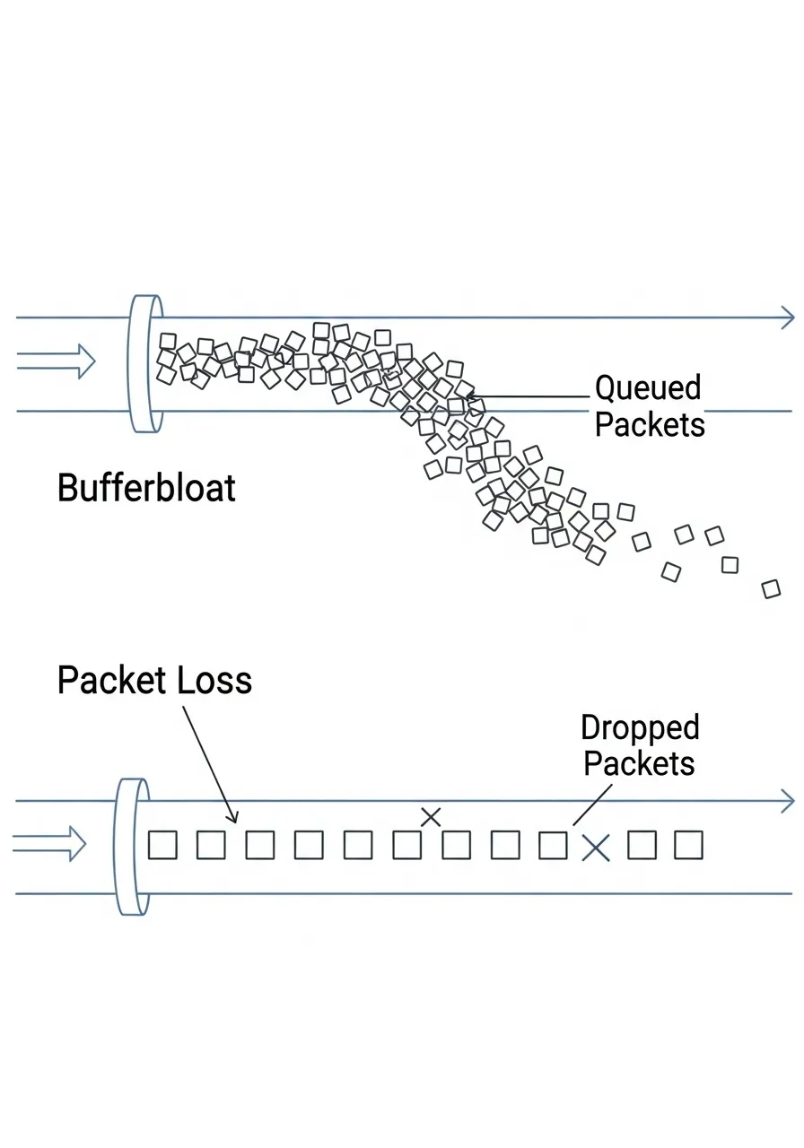 Diagram illustrating bufferbloat (queued packets) versus packet loss (dropped packets) very basic less text minimum text
