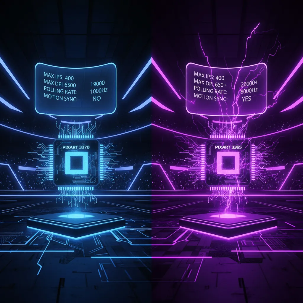 Futuristic digital art piece showing a side-by-side comparison of two gaming mouse sensors, the Pixart 3370 and 3395. On the left, the 3370 has a steady blue glow. On the right, the 3395 emits a powerful, crackling purple energy, representing its higher specs like IPS and Motion Sync. Holographic spec readouts float above each sensor. The background is a dark, competitive gaming arena with neon accents. Style: dynamic, high-tech, cinematic.