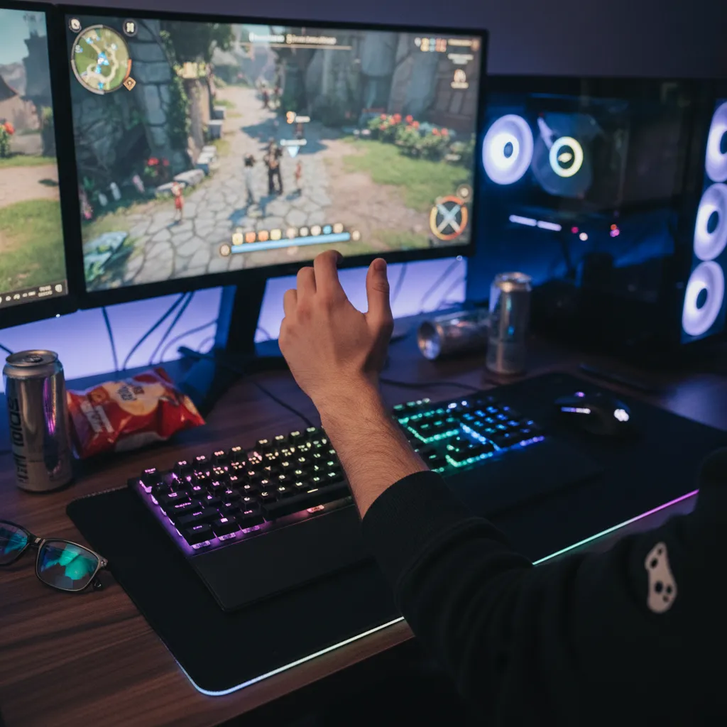 Gamer performing a simple wrist extensor stretch at their gaming desk, a pov image
