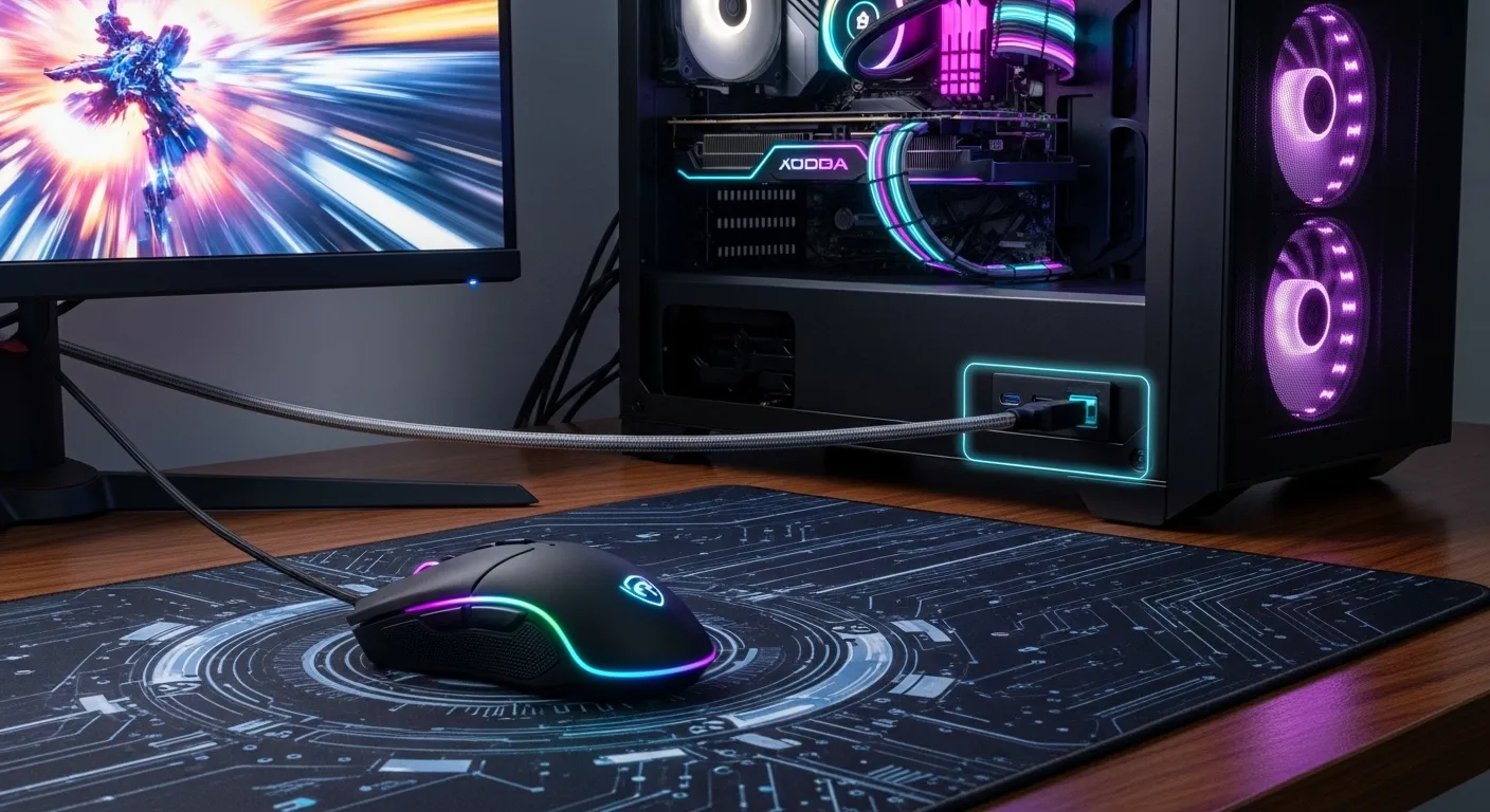 Gaming setup with a high-performance mouse and a visibly powerful CPU tower, illustrating the connection between the two for data processing