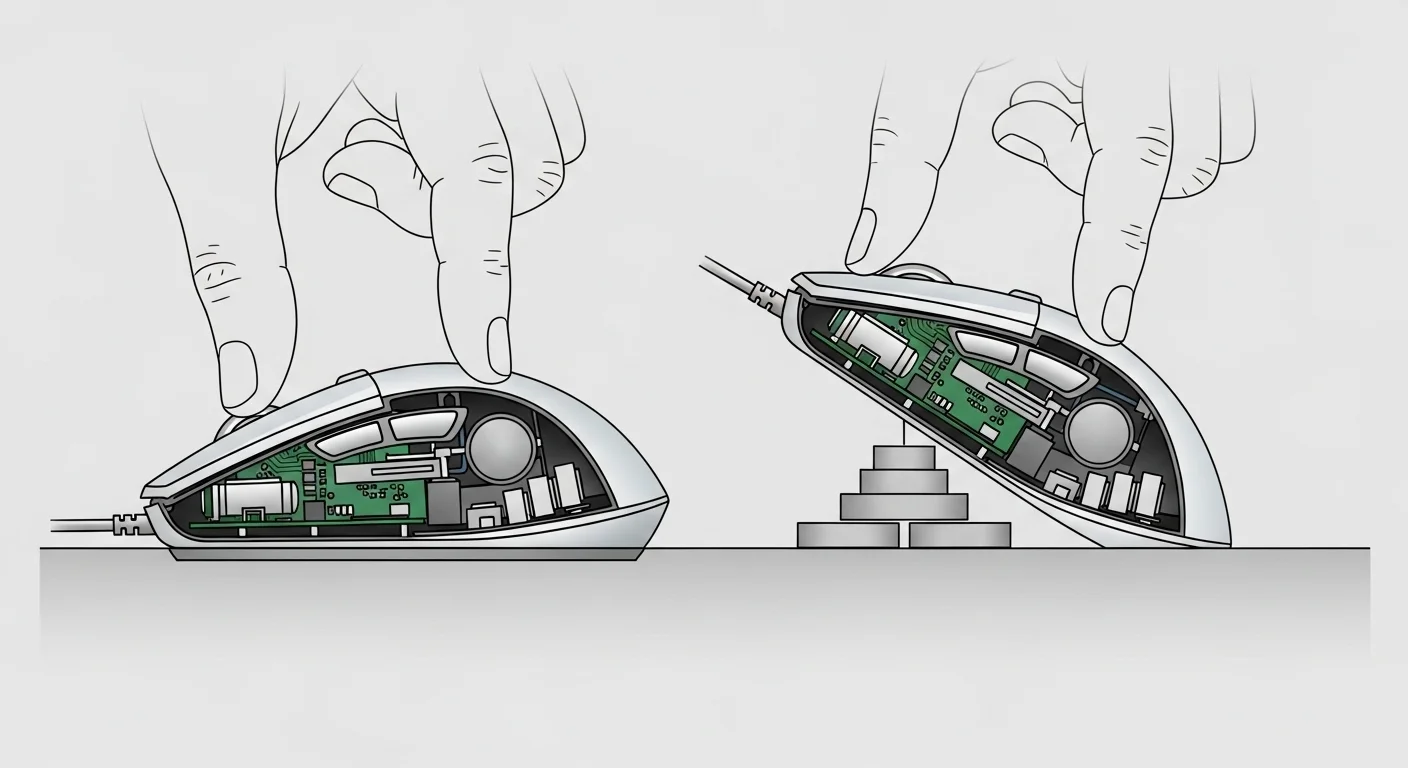 Illustration showing a side profile of a mouse being lifted; one stays flat (neutral CoG) while another tilts backward (rear-heavy).