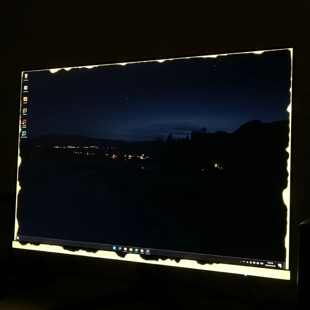 Monitor screen displaying significant backlight bleed in a dark room