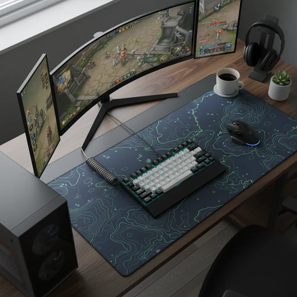 Overhead view of a gaming desk showing a tilted 65% keyboard and a large mousepad with ample space.