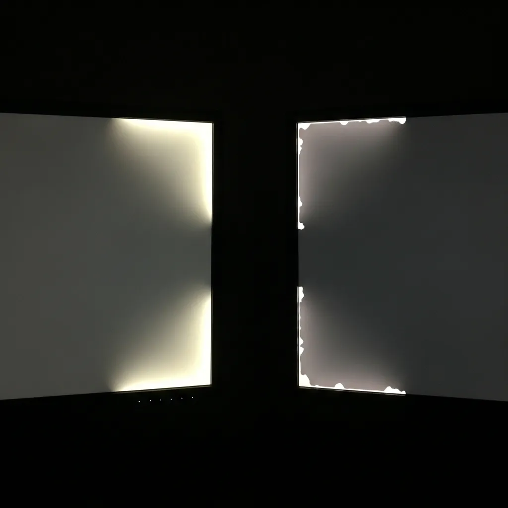 Side-by-side comparison of a monitor with IPS glow on the left and backlight bleed on the right in a dark room.