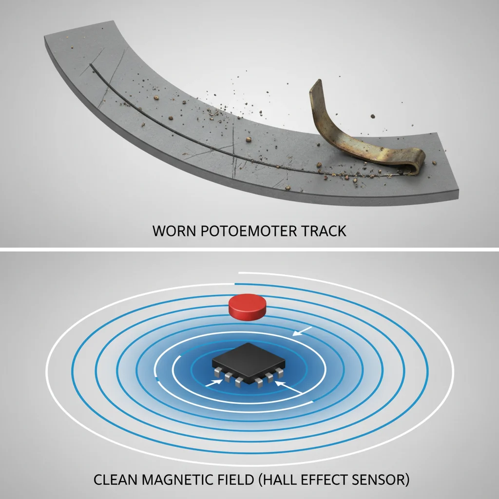 Split comparison diagram showing a worn potentiometer track with debris versus a clean magnetic field in a Hall Effect sensor