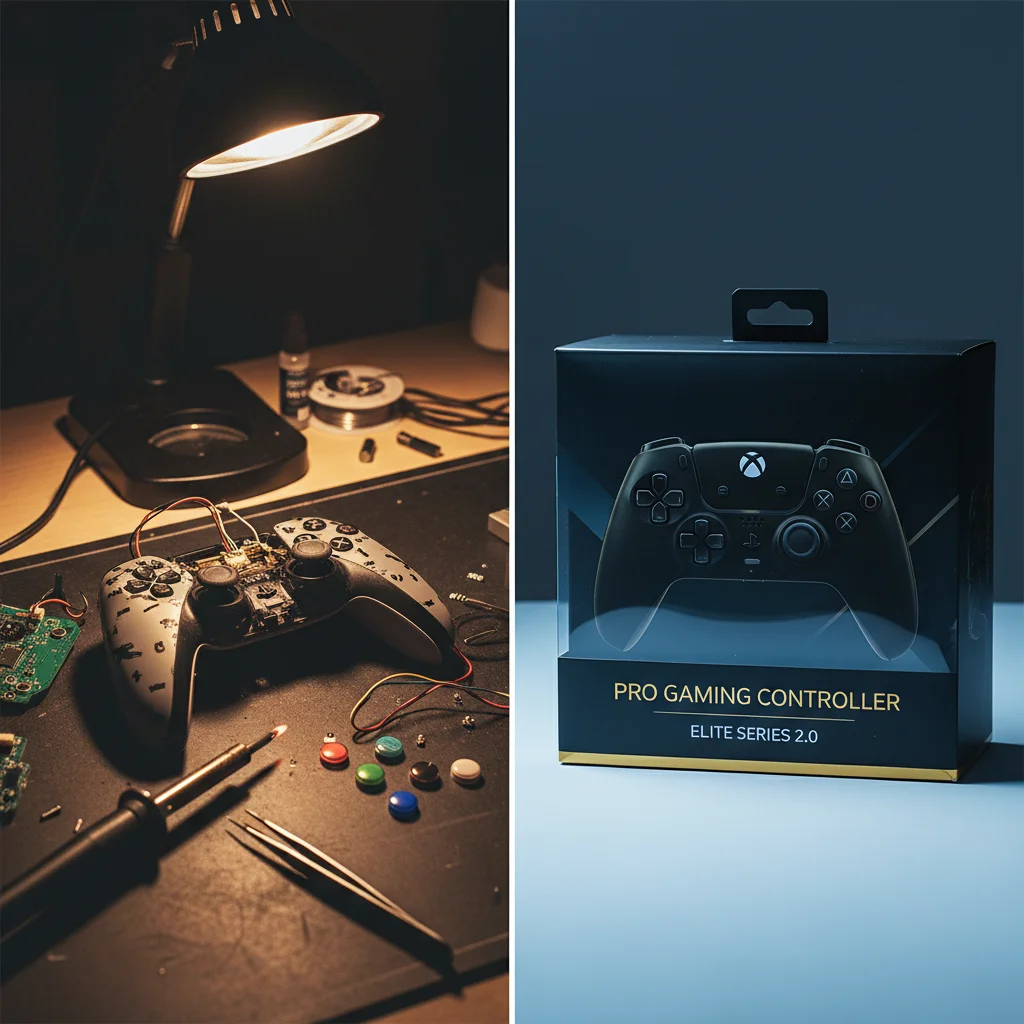 Split image showing a disassembled controller with a soldering iron on the left and a boxed pro controller on the right