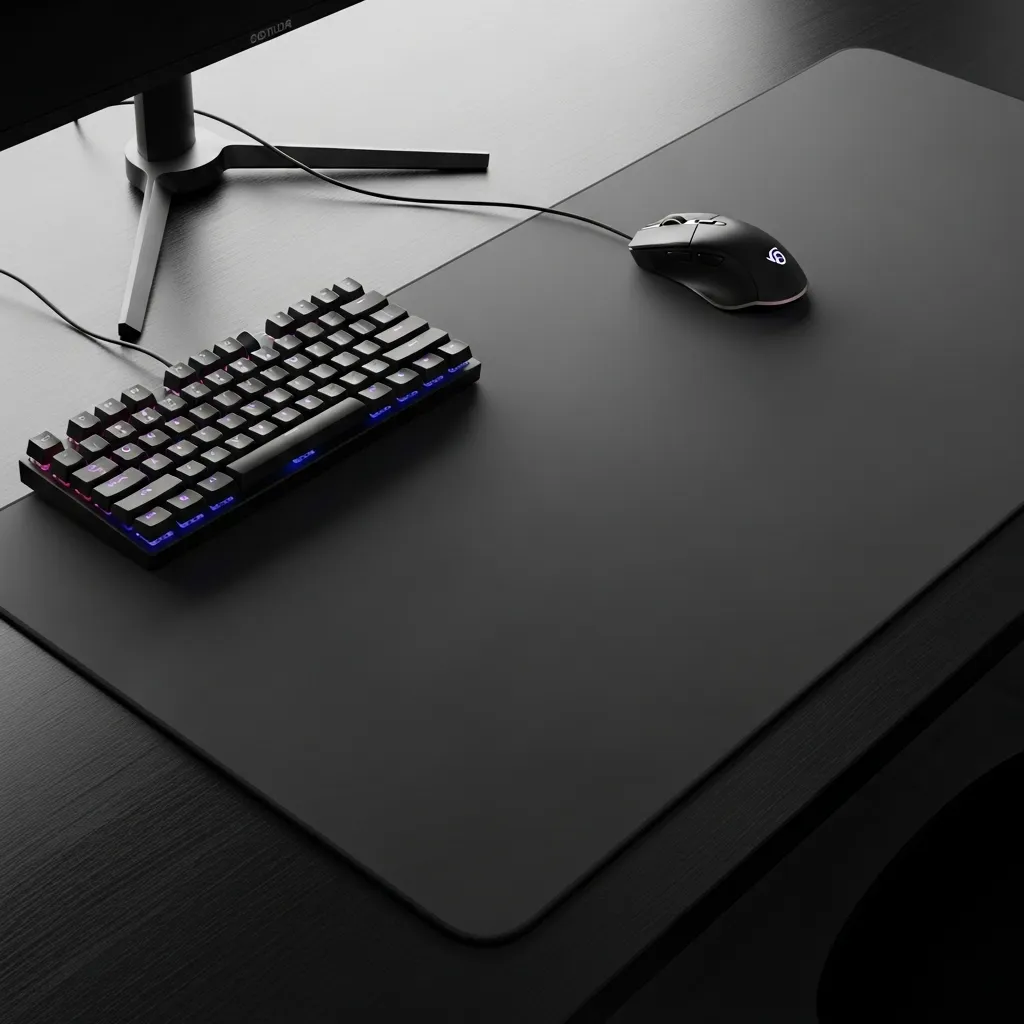 Top-down view of a gaming setup with a 65% keyboard, highlighting the massive mousepad area available for wide mouse sweeps.