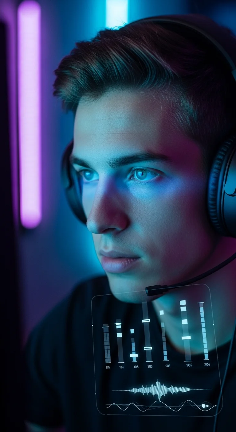 A cinematic, photorealistic image of a gamer intensely listening to footsteps through high-quality headphones, with a faint UI overlay showing audio equalizer settings. Avoid text or logos.