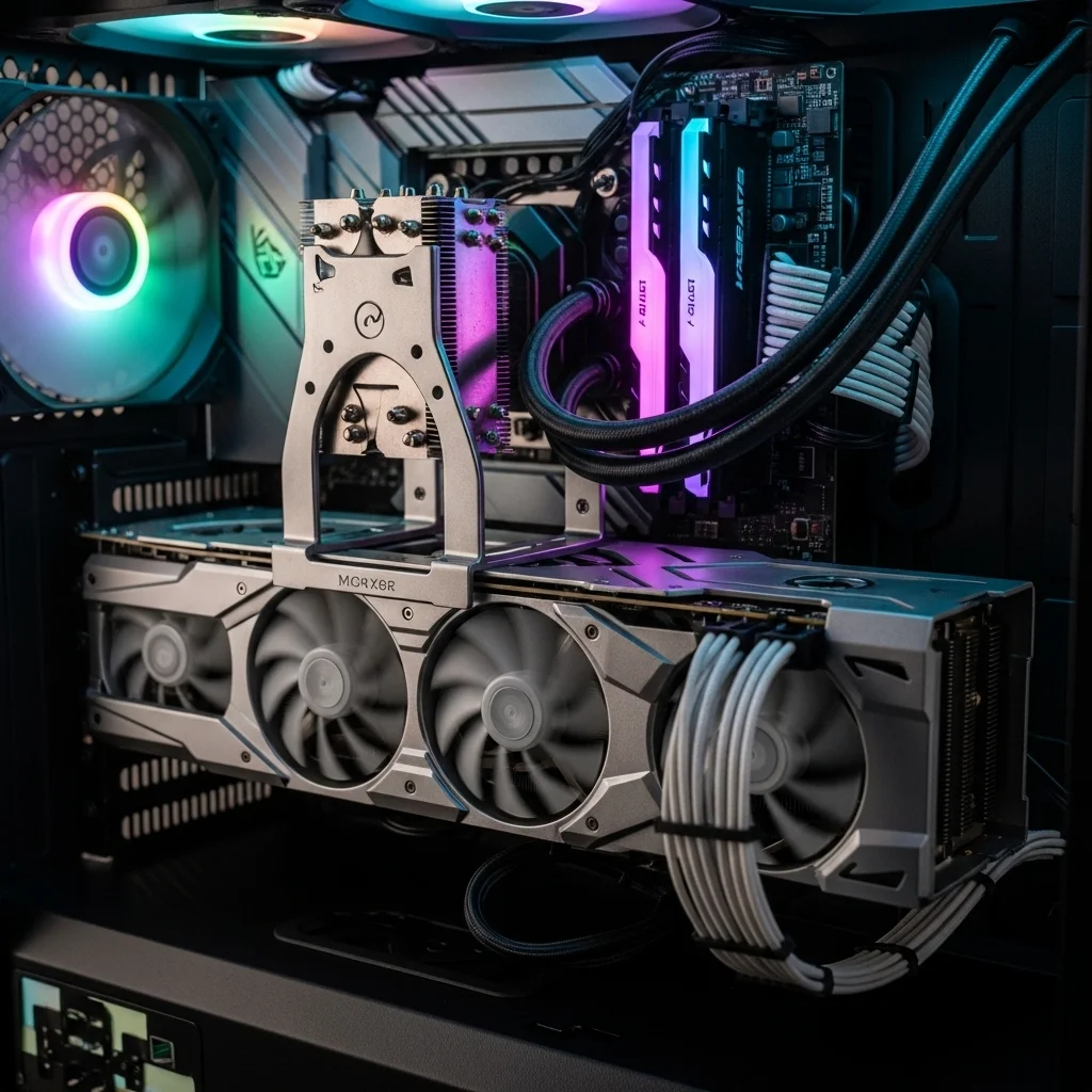 A cinematic, photorealistic shot of a gaming PC interior, focusing on a high-end GPU with a sleek, metallic GPU support bracket holding it perfectly level. The PC components are glowing with subtle RGB. No text or labels.