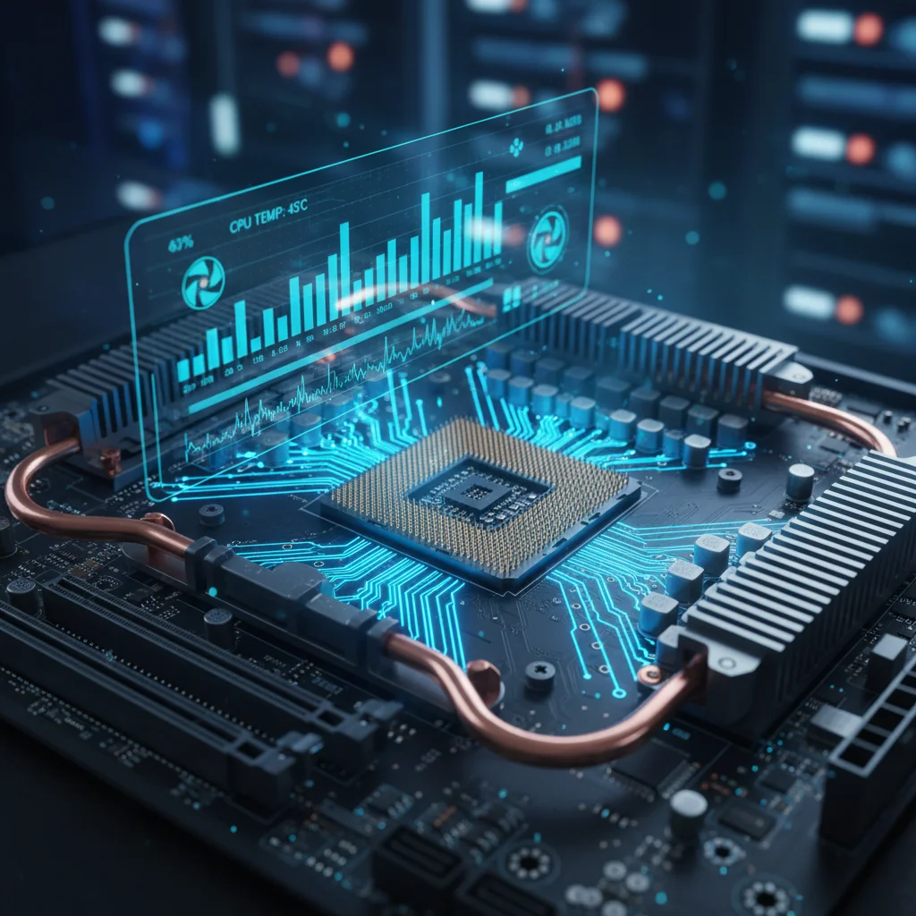 A close-up, cinematic shot of a computer's motherboard with CPU socket prominently visible, glowing blue lines representing data flow, and a digital overlay showing performance metrics. Avoid text or watermarks.