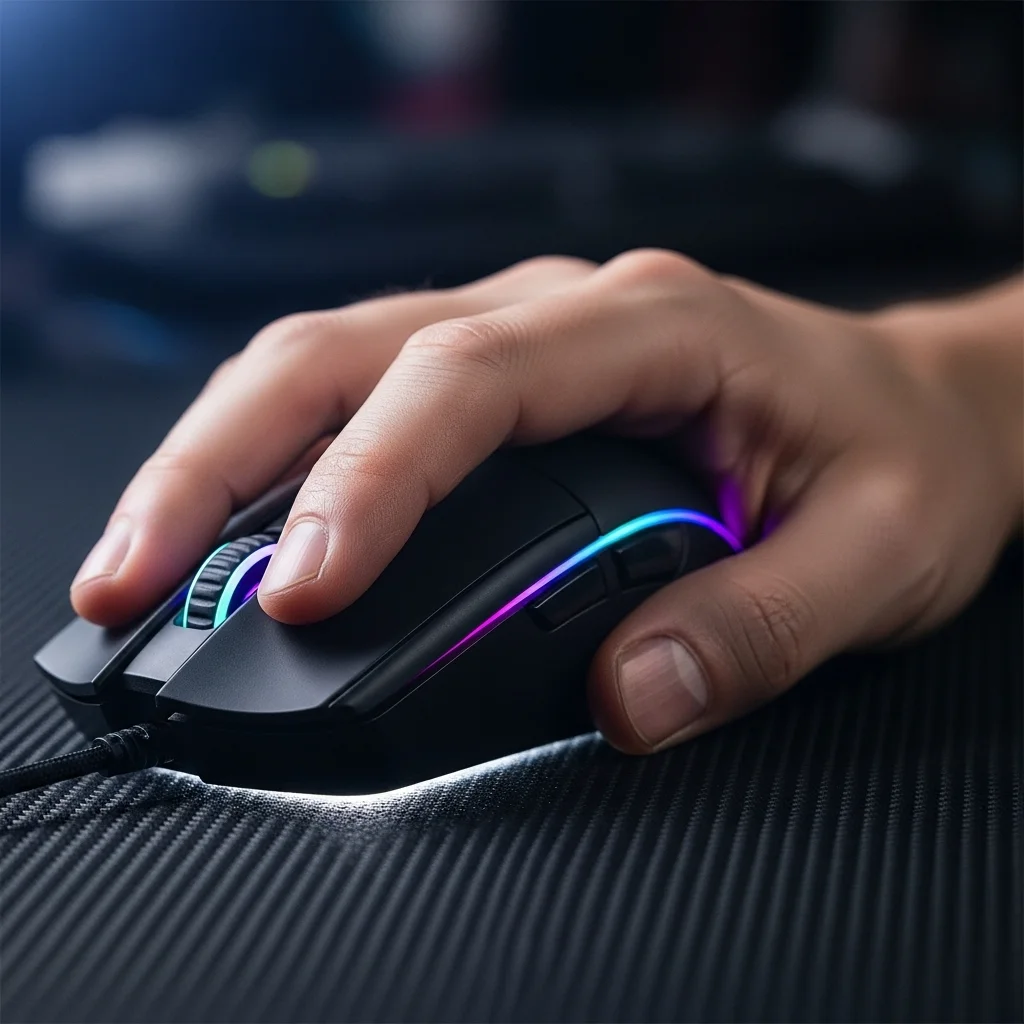 A close-up, cinematic shot of a gamer's hand lifting a high-performance gaming mouse slightly off a dark, textured mousepad, focusing on the gap between mouse and pad. No text.