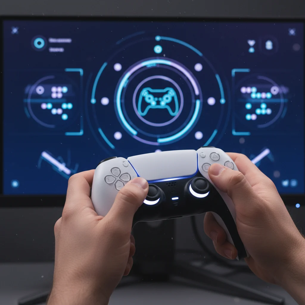 A close-up, cinematic shot of a gamer's hands holding a DualSense controller, with a glowing PC screen in the background displaying Steam's Big Picture Mode controller settings. Avoid text or logos.