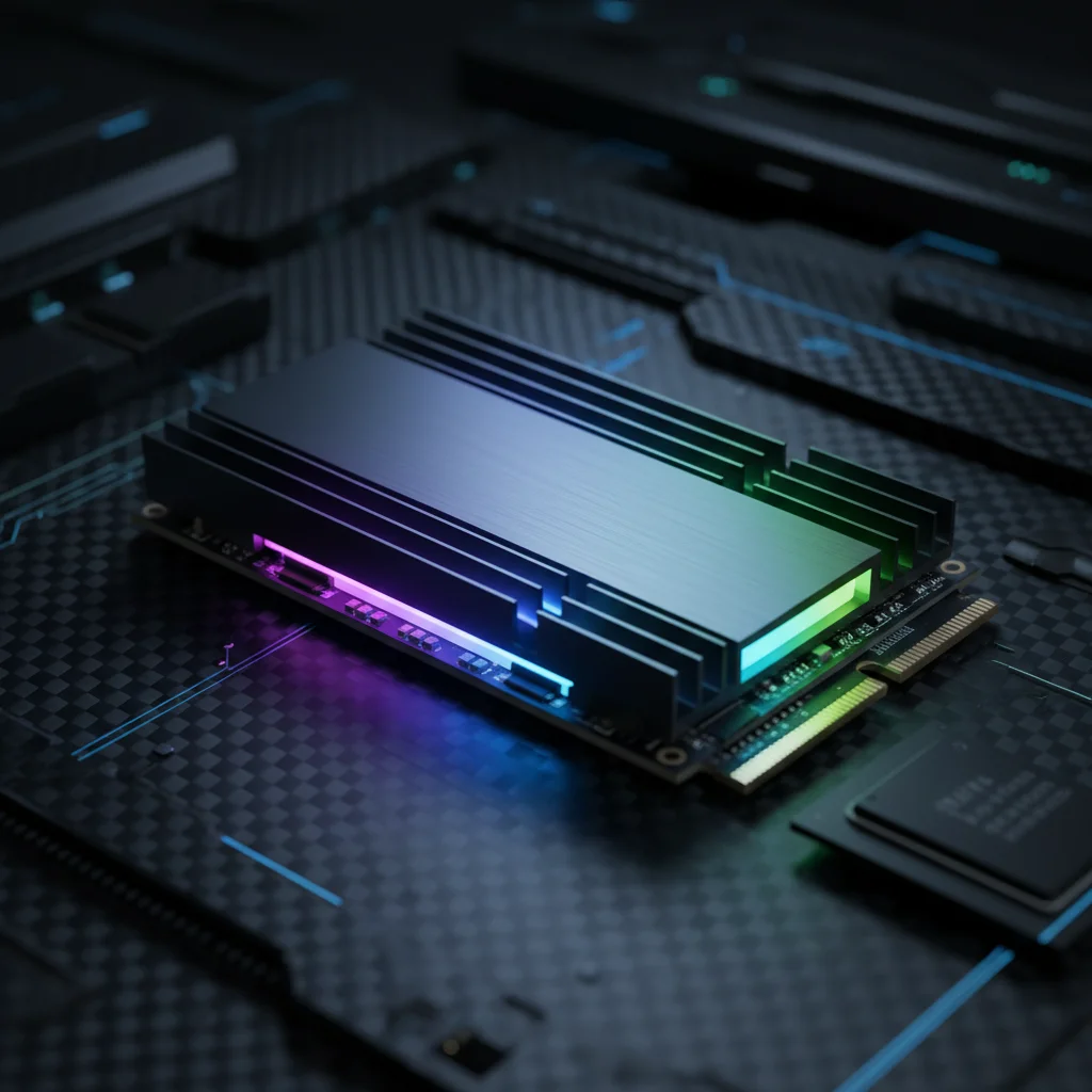 A close-up, cinematic shot of an NVMe SSD with a sleek heatsink installed, glowing with a subtle RGB light, set against a dark, high-tech background. Avoid text or labels.