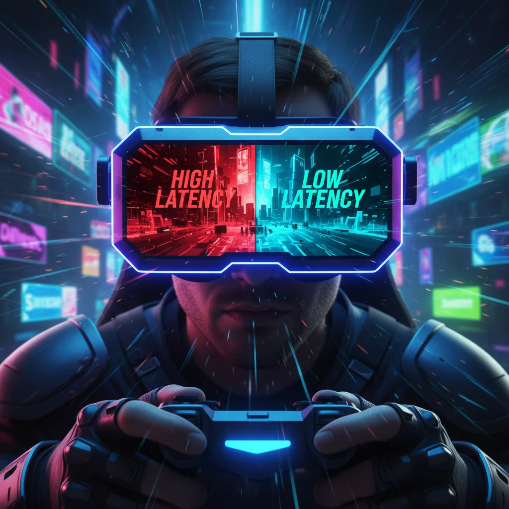 A close-up, dynamic shot of a competitive gamer wearing a futuristic VR headset, split-screen effect