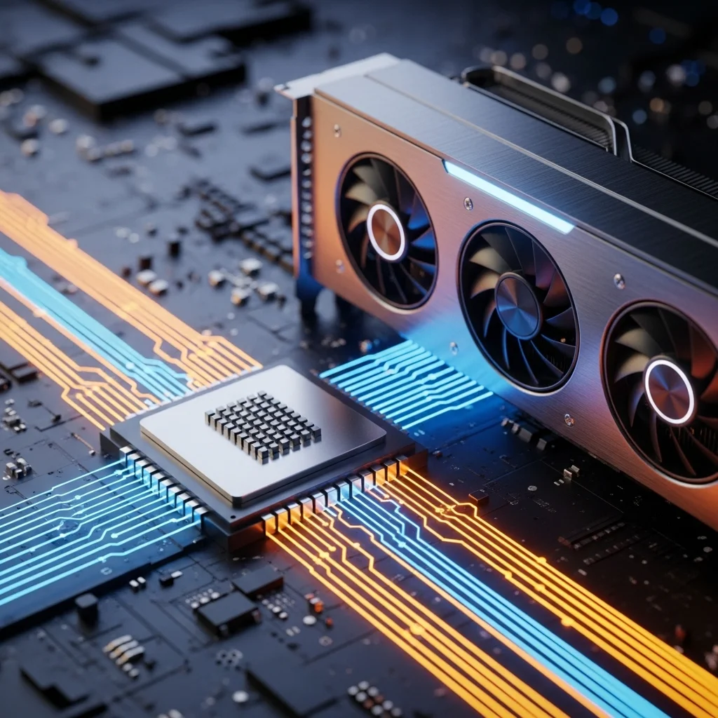 a close-up, high-definition, cinematic shot of a modern CPU chip with illuminated, glowing 'lanes' extending directly from it to a sleek, powerful graphics card, symbolizing direct, high-speed data flow. Avoid text or labels.