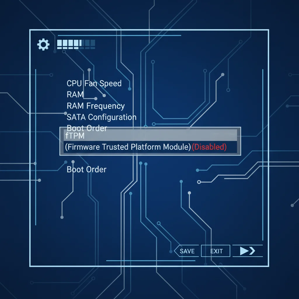 A close-up, high-quality illustration of a BIOS screen with an fTPM setting highlighted as disabled. No text overlay. Zoomed in