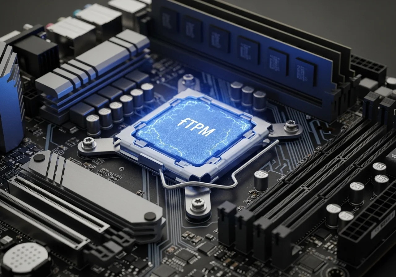 A close-up, high-quality, photorealistic illustration of a gaming PC's motherboard, with a subtle, electric blue glow emanating from the fTPM chip area, symbolizing a brief glitch or stutter. Avoid text or watermarks.
