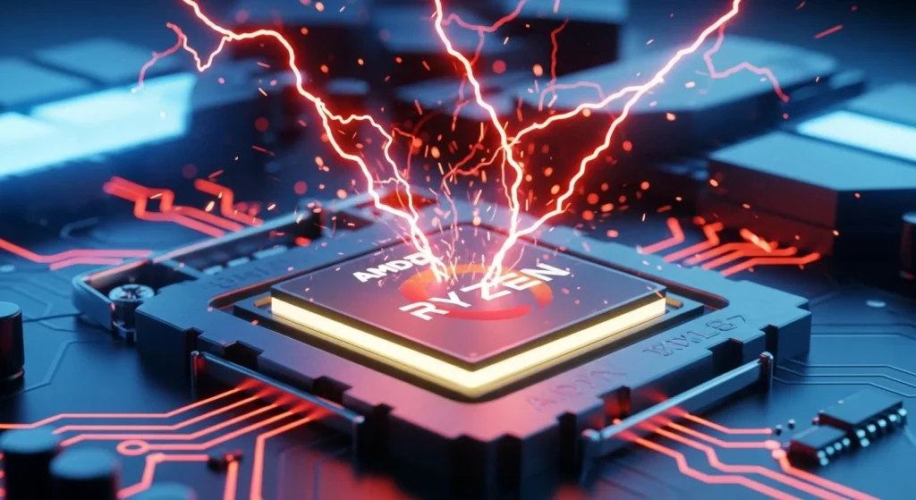 A close-up, high-tech 3D render of a computer motherboard socket with a glowing AMD Ryzen processor.