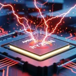 A close-up, high-tech 3D render of a computer motherboard socket with a glowing AMD Ryzen processor.