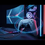 A close-up, high-tech photograph of a white DualSense controller connected via a braided USB-C cable