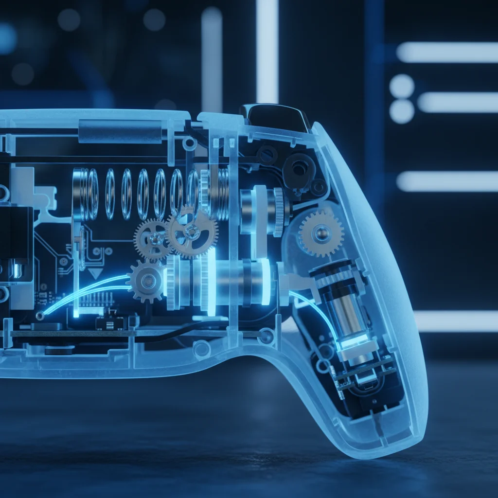 A close-up, high-tech shot of a DualSense controller's adaptive trigger mechanisms, glowing with subtle blue light, illustrating the internal workings without any text or labels.