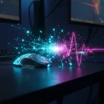 A close-up, hyper-realistic shot of a futuristic gaming mouse on a dark desk emitting rapid, glowing