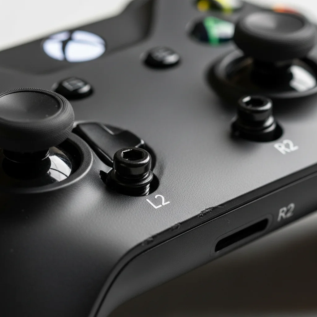 A close-up shot of a gaming controller with DIY trigger stops installed, highlighting the shortened travel distance of the triggers