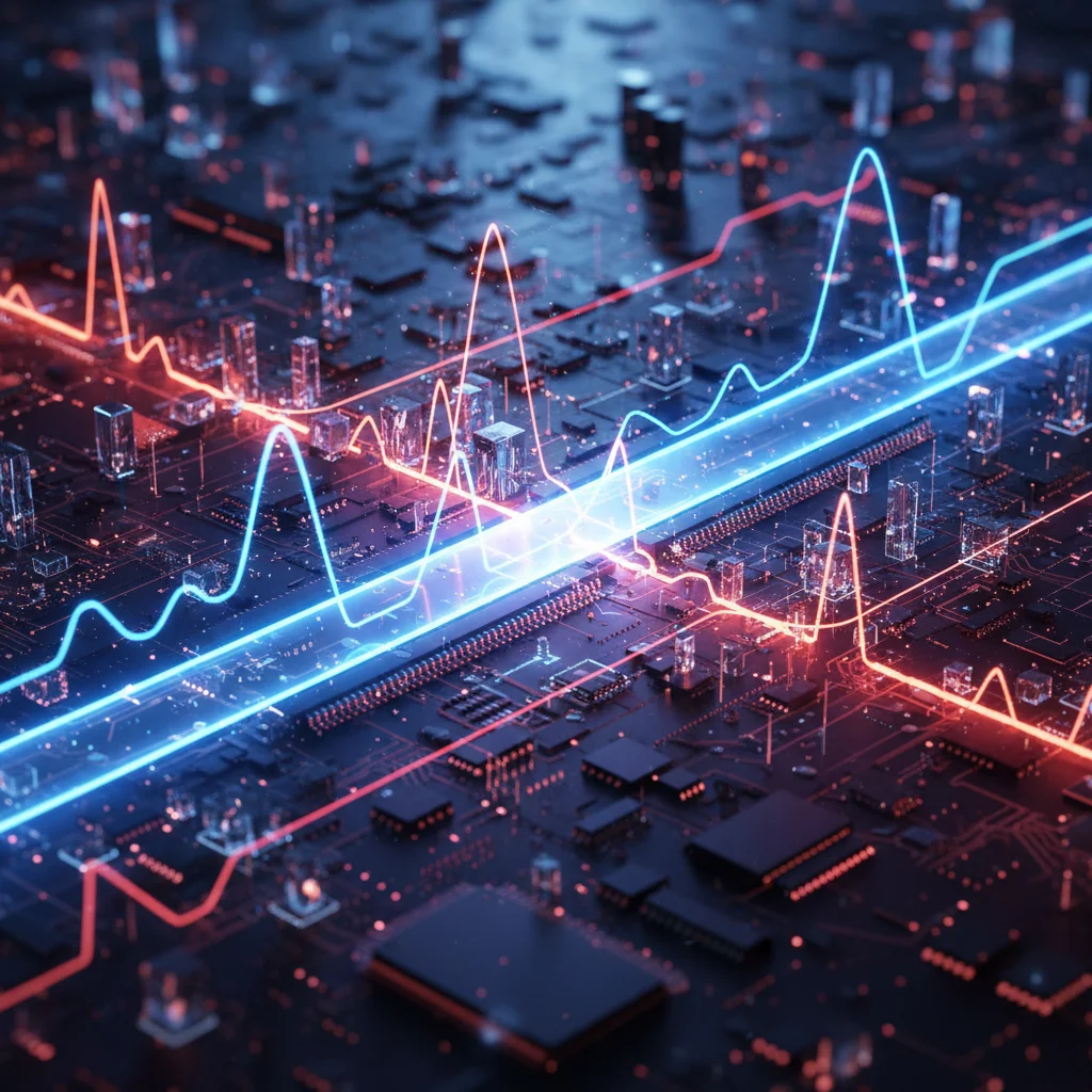 A close-up, stylized depiction of audio waveforms traveling through a digital circuit, with a clear, fast path highlighted for WDM/KS and a slower, more circuitous path for other drivers. Avoid any text or labels.