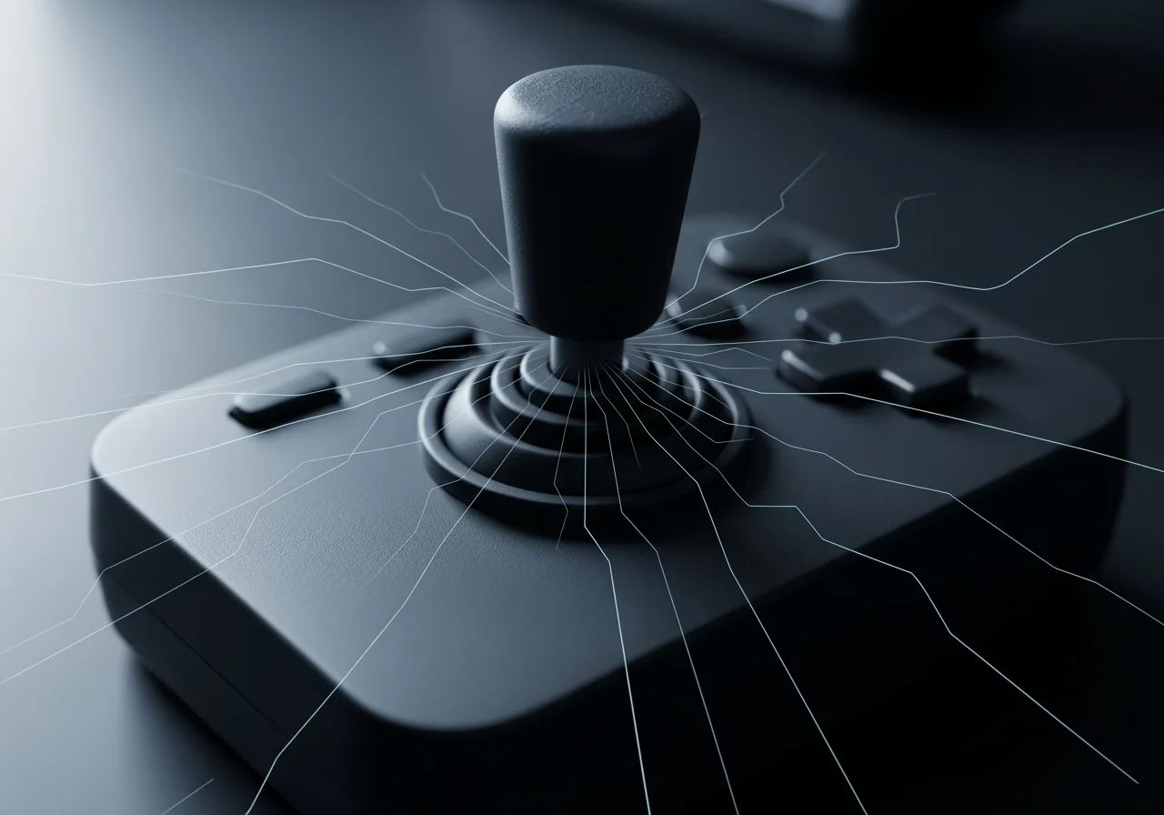 A detailed, cinematic illustration of a controller joystick with subtle, erratic lines emanating from the center, depicting 'jitter' without any text.