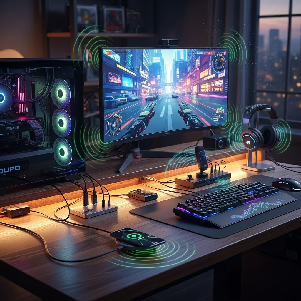 A detailed, cinematic shot of a gaming desk setup with various electronics, stylized to show subtle electromagnetic fields radiating from devices like power bricks, unshielded cables, and a phone. No text or watermarks.
