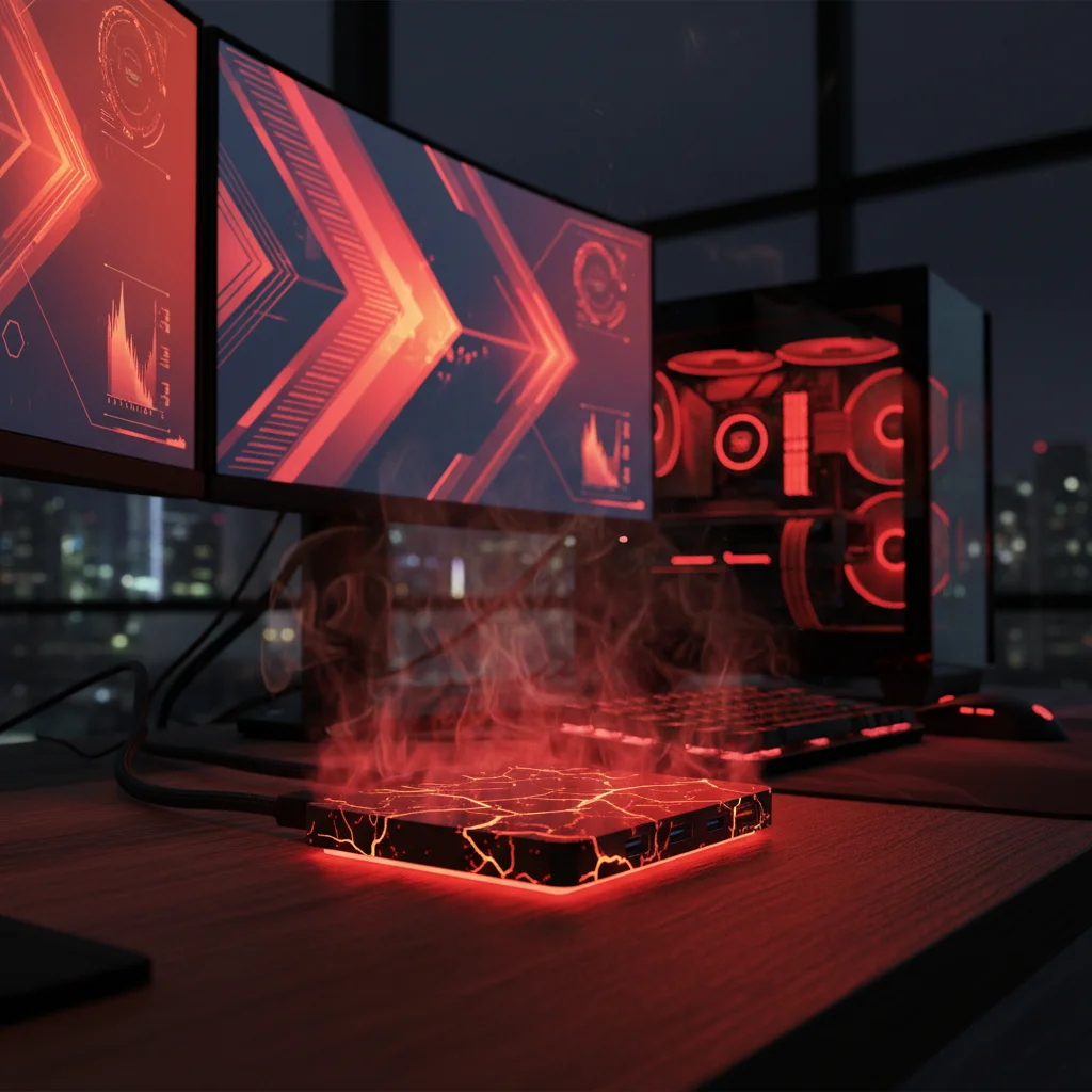 A detailed, cinematic shot of a gaming setup with a USB-C hub glowing red from heat, stylized to show thermal stress, no text or labels