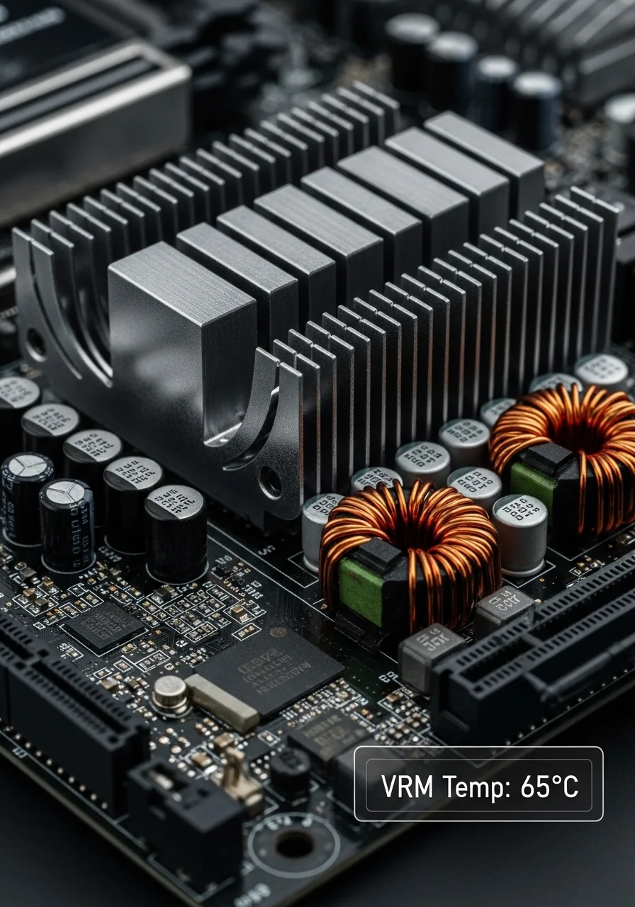 A detailed close-up of a motherboard's VRM section, showing heatsinks and components, perhaps with a temperature overlay