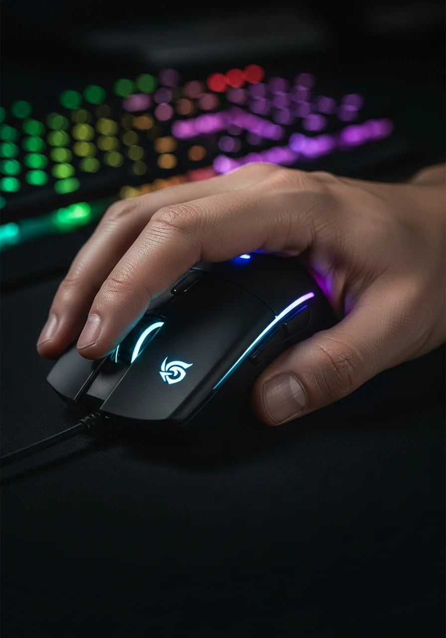 A detailed, close-up shot of a competitive gamer's hand on an ergonomic gaming mouse, with a glowing keyboard in the background. Emphasize precision and control. Avoid text.