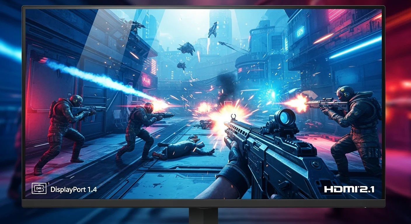A detailed, close-up shot of a gaming monitor displaying a vibrant, fast-paced FPS game scene, with the DisplayPort 1.4 and HDMI 2.1 logos subtly overlaid on the bottom corners. Avoid text or words.