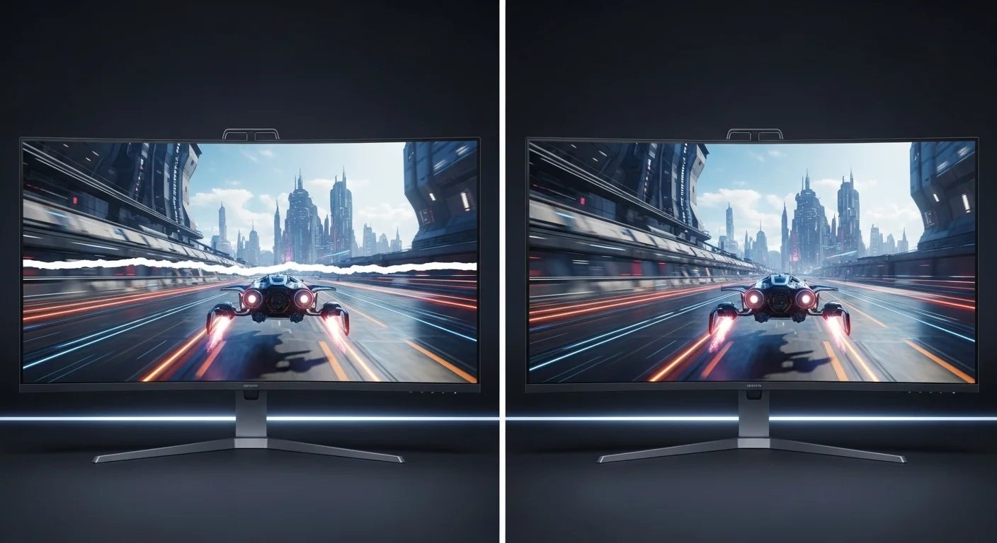 A detailed, futuristic graphic showing a gaming monitor with a clear tearline, then a second image of the same monitor with the tearline seamlessly hidden, emphasizing smooth motion. Avoid any text or watermarks.
