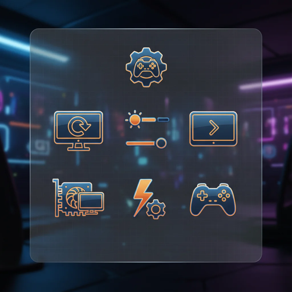 A detailed, high-quality illustration of a gaming PC's display settings menu, Icons Only no text at all, only icon no text no label, zoomed in
