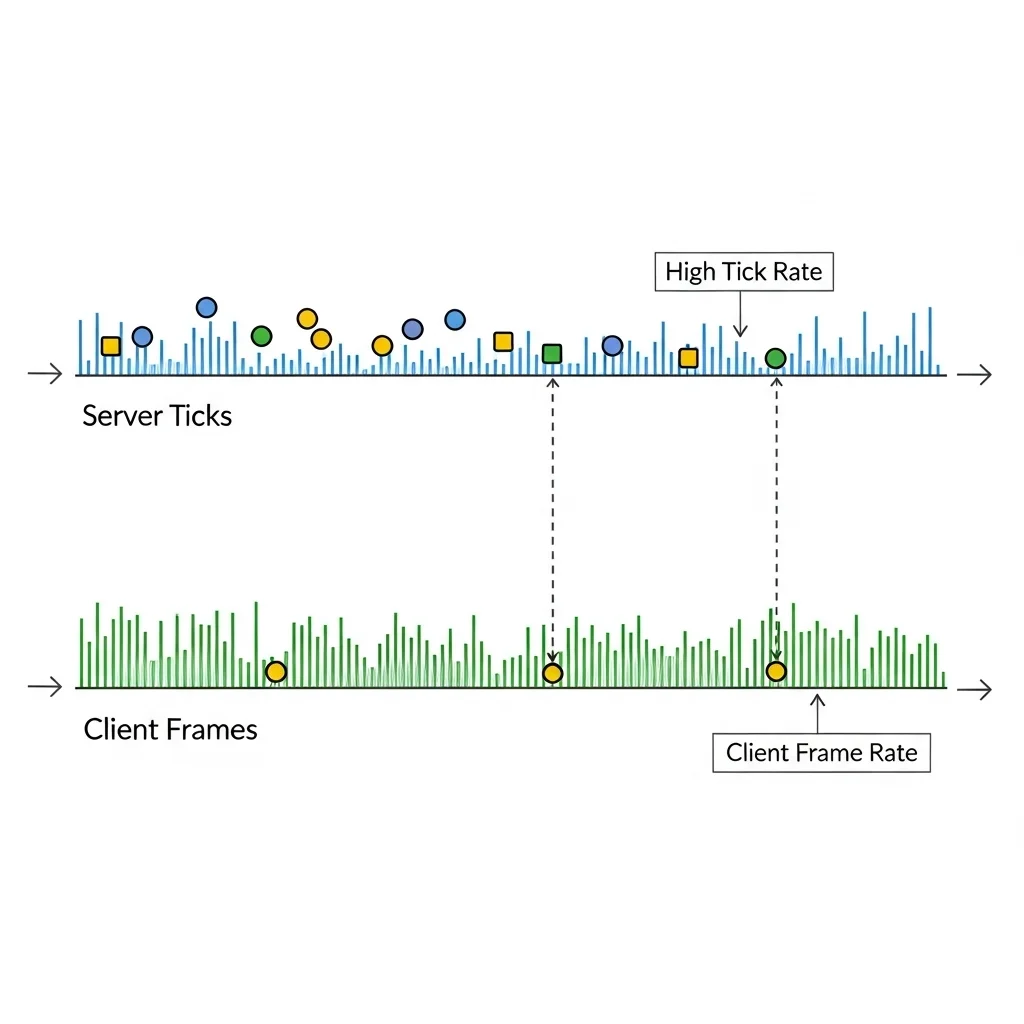 A diagram illustrating the asynchronous nature of server tick updates and client frame renders, highlighting how a high tick rate captures more accurate game state. very basic very little to no text to the point basic...