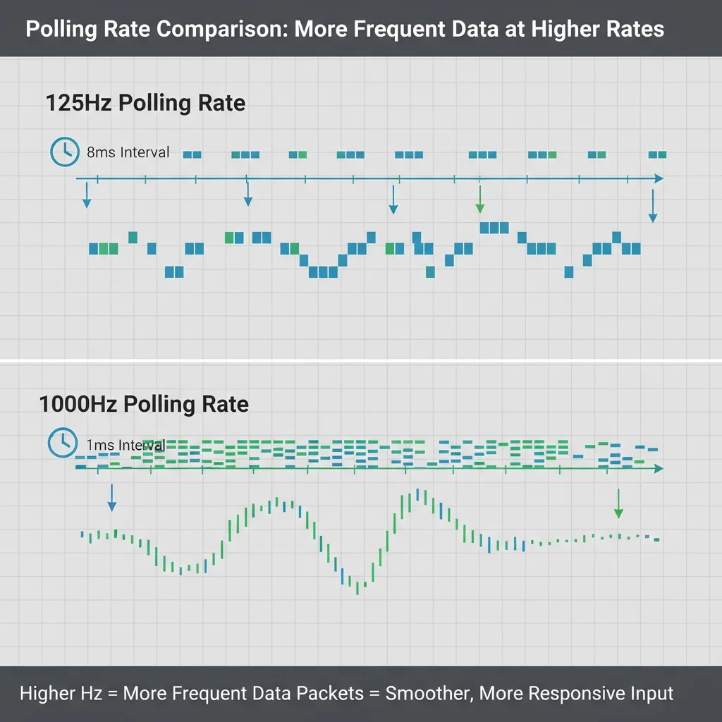 A diagram illustrating the difference between 125Hz and 1000Hz polling rates, showing data packets arriving more frequently with higher rates.
