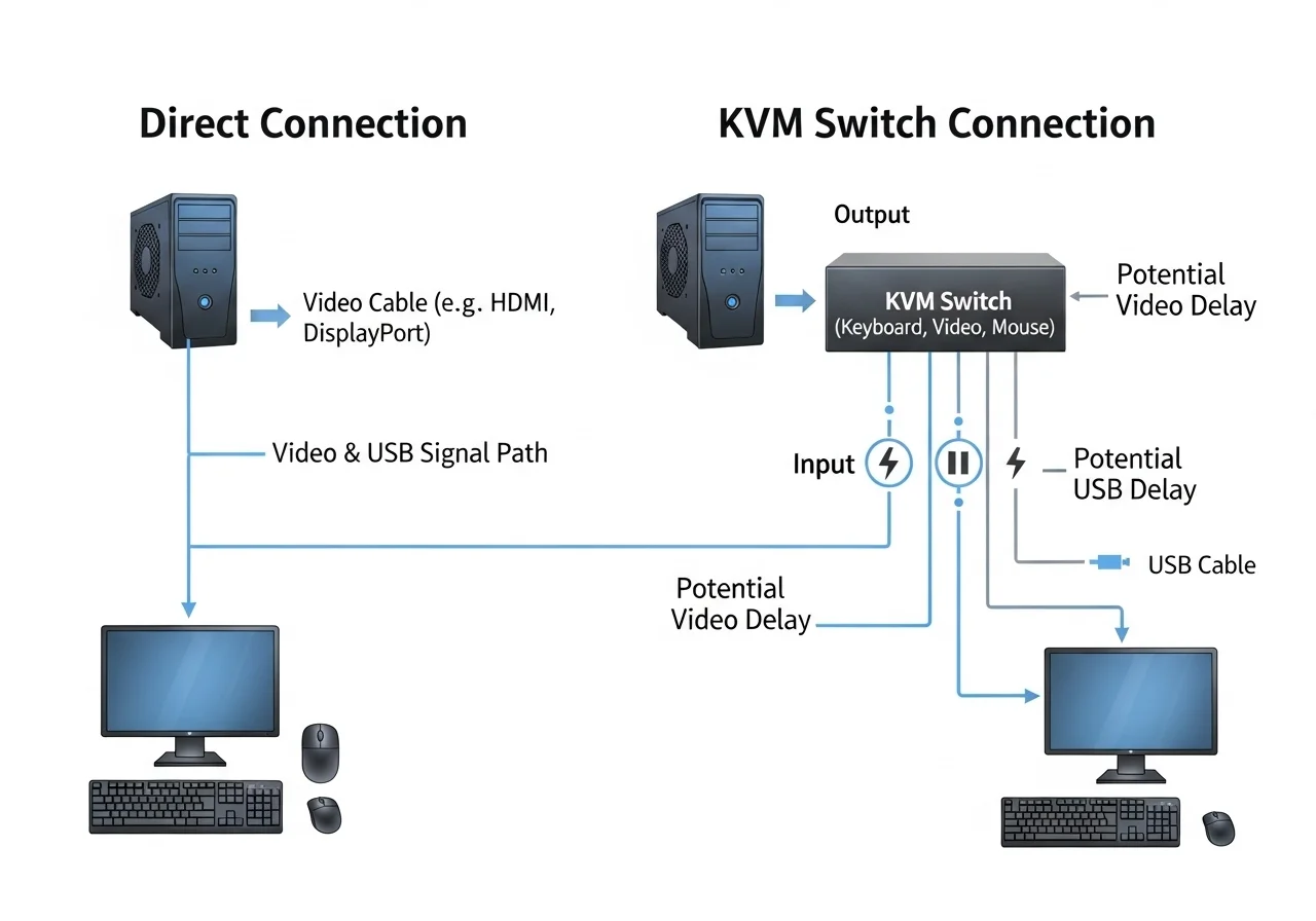 A diagram illustrating the signal path difference between a direct connection and a connection through a KVM switch, highlighting potential points of delay for video and USB.