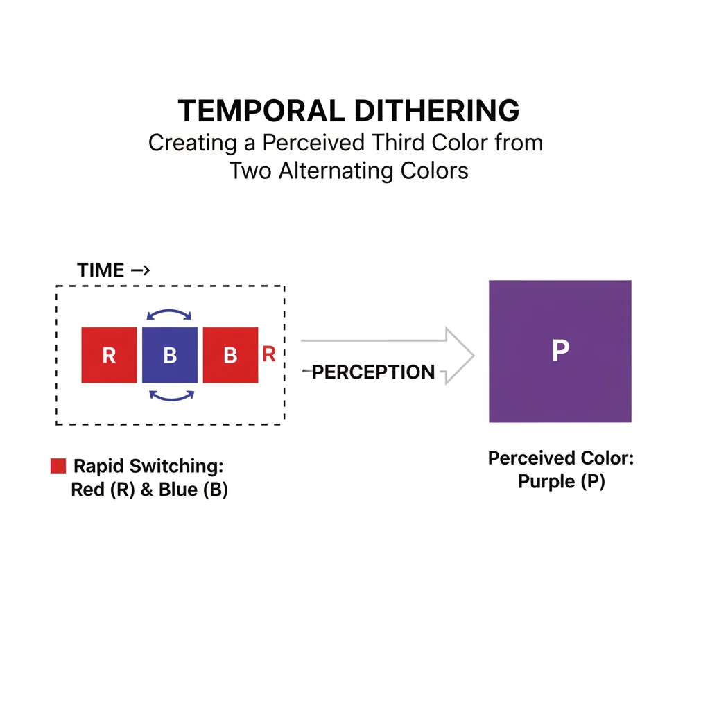 A diagram showing a pixel rapidly switching between two colors to create a perceived third color, illustrating temporal dithering.