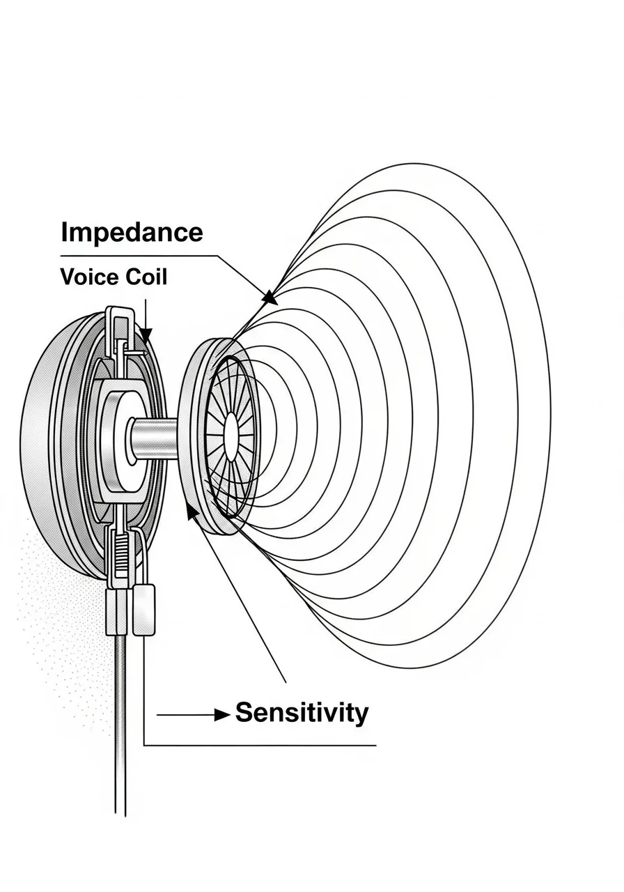 A diagram showing a sound wave originating from a headphone speaker with labels for impedance and sensitivity