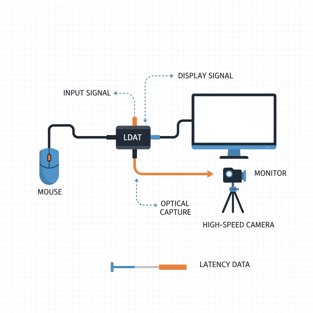 A diagram showing an LDAT device connected to a mouse and a high-speed camera recording a monitor, with arrows illustrating the latency measurement process., very basic little to no text on screen