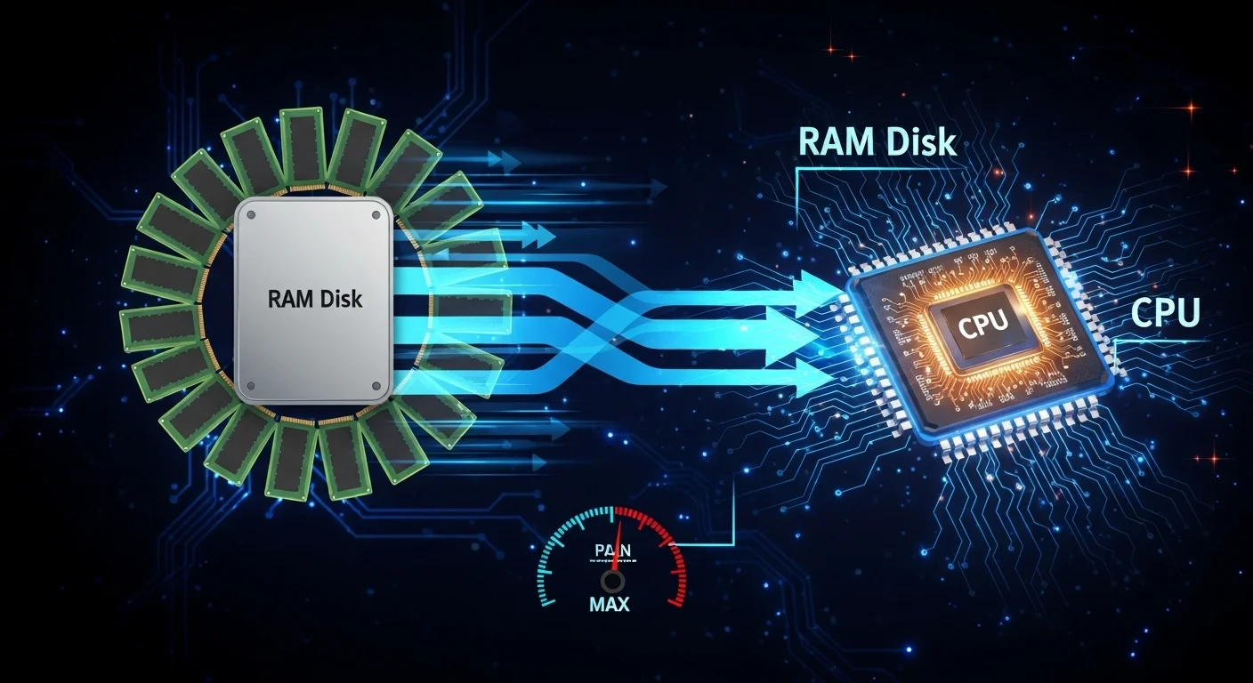 A diagram showing data flow from RAM disk to CPU, emphasizing speed