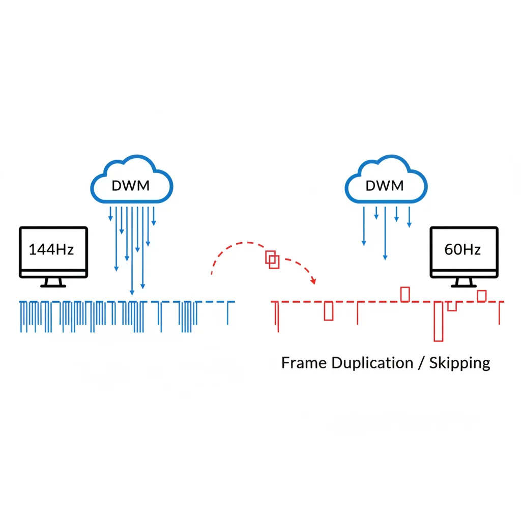 A diagram showing two monitors with different refresh rates, with arrows indicating very few frame delivery from DWM, illustrating frame duplication/skipping on the slower monitor. very basic almost no text, very basic super basic
