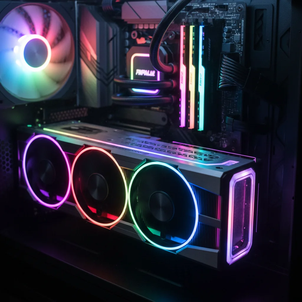 A dramatic, close-up shot of a gaming PC's internal components, specifically the GPU, glowing with RGB lights, with a sense of high performance. Avoid text or logos.