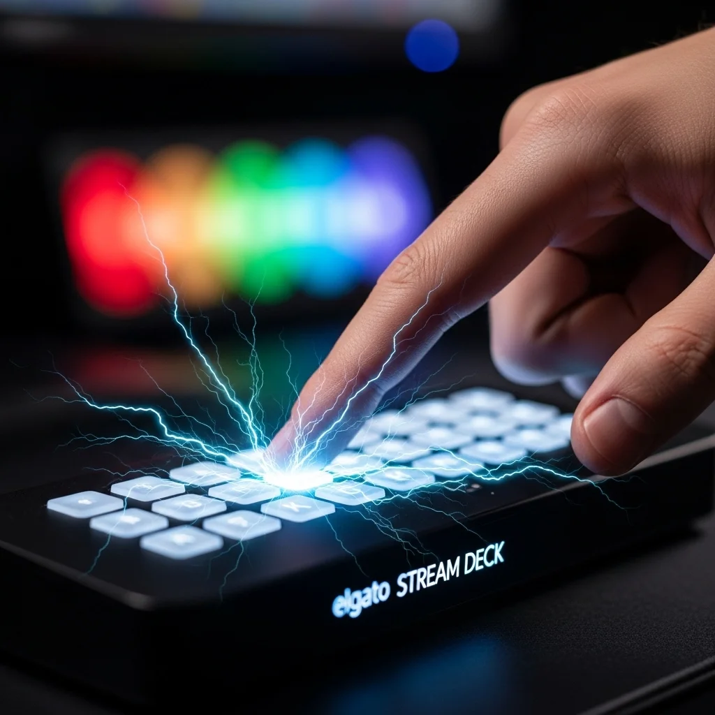 A dynamic close-up of a competitive gamer's hand striking a glowing key on an Elgato Stream Deck. Ne