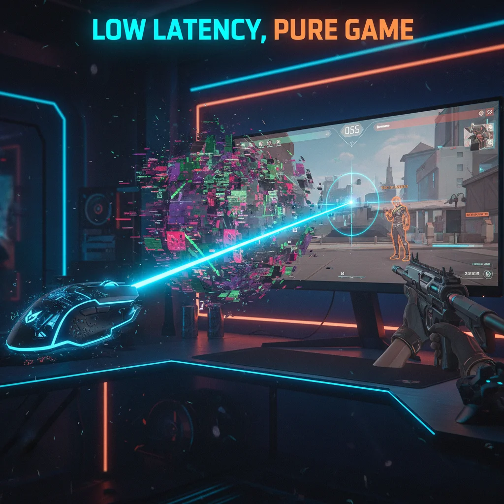 A dynamic, energetic digital art piece for a Valorant blog post. A high-tech gaming mouse on the lef