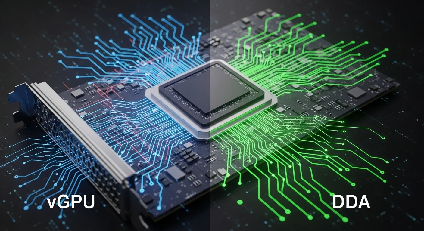 A dynamic, high-quality illustration of a powerful GPU with glowing circuits, split into two halves. One half shows virtualized connections representing vGPU with subtle latency lines, while the other half shows direct, uninhibited connections representing DDA. No text or labels.